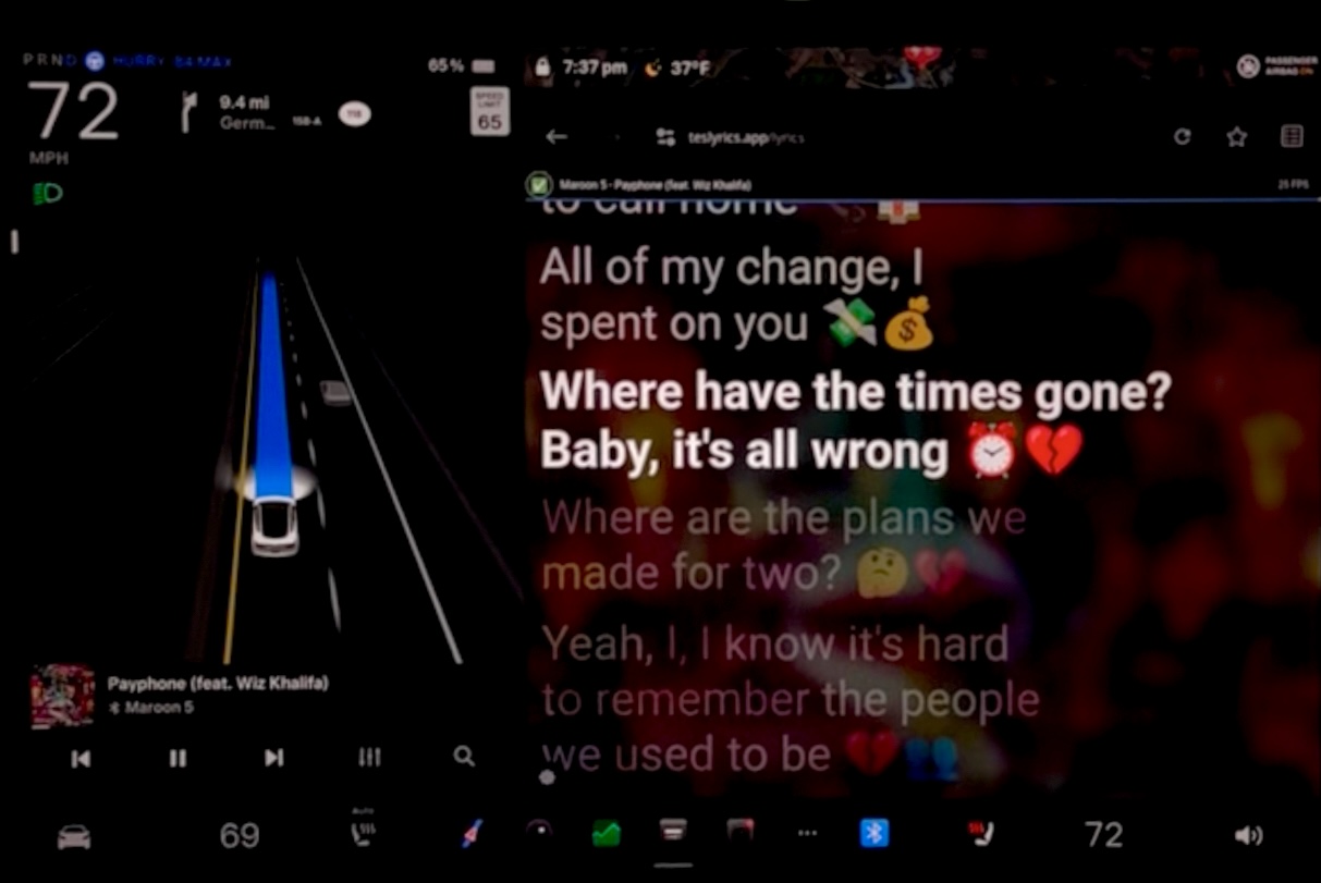 Teslyrics running in a Tesla